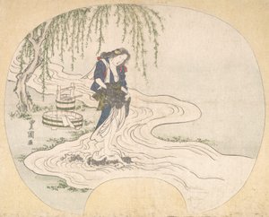 流れの中で岩の上に立ち、服を洗う女性（1828年頃
