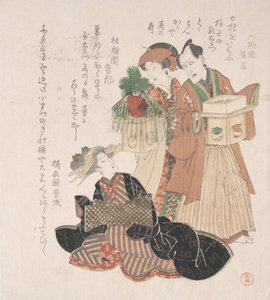 俳優の中村歌右衛門と新年の儀式の準備をする 2 人の女性、19 世紀。 作： Utagawa Toyokuni I