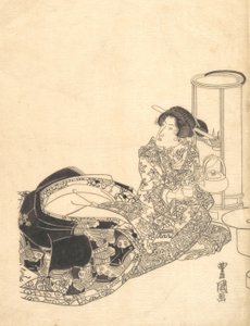 宮廷人または宮廷人役の俳優がランタンの光でお茶を注ぐ様子。 作： Utagawa Toyokuni I