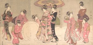 巨大な雪玉を作る娼婦と付添人、カリフォルニア州。 1796年。