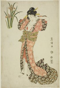 菖蒲：無題の美女と花のシリーズより、髪を整えた美女 作： Utagawa Toyokuni I