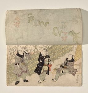 3人の歌舞伎役者が登場する幕が上がる歌舞伎舞台 作： Utagawa Toyokuni I