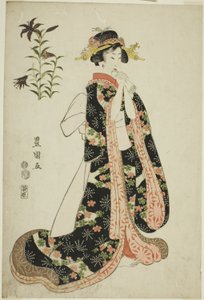 ユリ：無題の美しさと花のシリーズから、手紙を持っている若い女性 作： Utagawa Toyokuni I