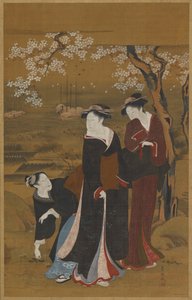 1769 年から 1825 年にかけて、海岸で開花した桜の木の下にいる 3 人の女性。 作： Utagawa Toyokuni I