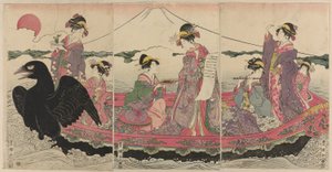 正月に七福神をまねて船に乗る女たち 作： Utagawa Toyokuni I