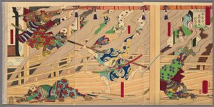 本能寺にて戦死した森蘭丸（本能寺に森蘭丸討ち入りの図）」（『豊臣軍功記』より）