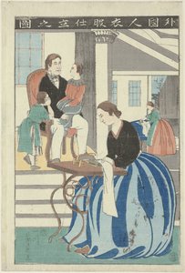 ミシンの後ろにいる西洋の女性 外國人いふくしたての図 外国人が洋服を作っているイメージ 作： Utagawa Yoshikazu