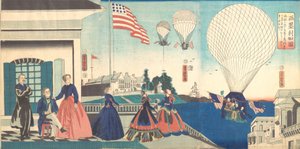 「アメリカ」：熱気球を楽しむ、1867年。 作： Utagawa Yoshitora