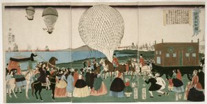 アメリカのバルーニング、パブ。 1865年（手彩色木版画） 作： Utagawa Yoshitora
