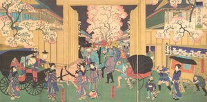 新島原の夜桜、19世紀。 作： Utagawa Yoshitora