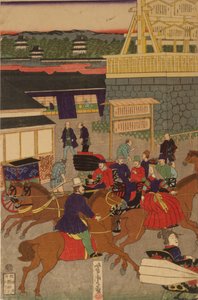 Flourishing Nihonbashi section of Tokyo. Tokyo Nihonbashi han ei no zu Triptych 作： Utagawa Yoshitora