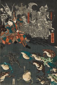 1864年、越中国館山でカエルの魔法の戦いを呼び起こすカエルの精肉子