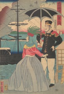 1861 年 1 月、波止場で帆を返す [アメリカ人カップル]。 作： Utagawa Yoshitora