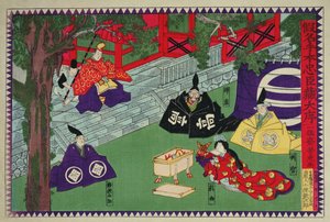 1703年の四十七浪人事件に基づく復讐の物語、歌舞伎劇「かなでほん忠臣蔵」の第1幕のシーン、1870年頃（カラー木版画） 作： Utagawa Yoshitora