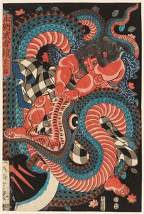 ヘビと格闘する金太郎 作： Utagawa Yoshituya