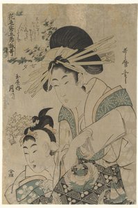 七夕：玉屋家の花魁月岡 七夕：玉屋うち月岡（オブジェの称号） 五季の白紙詩集（連載タイトル） 花の色紙御節よみうた 作： Utamaro (II) , Kitagawa (attributed to)