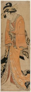 三味線ケースのそばに立つ芸者、c。 1810年。 作： Utamaro II