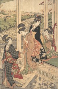 田舎の家の縁側にいる女性たちのグループ、桜の咲く頃に...、1806年頃。 作： Utamaro II