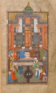 Tuhfat al-Ahrarの宮殿のシーン（無料のギフト）ブハラ、ウズベキスタン、ウズベク時代、1540年頃（不透明な水彩、インク、紙の上の金） 作： Uzbek School