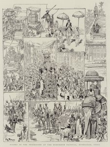 インド、ハイデラバード、モハーラムフェスティバルの行列のシーン 作： Victor Armand Poirson