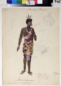 ヴォルフガング・アマデウス・モーツァルト（1756-1791）のオペラ「魔笛」の衣装デザイン（モーツァルトのオペラ「魔笛」の衣装デザイン）。 V.Bushina の作品 (19 世紀初頭)。 紙に水彩、ガッシュ、金 作： V. Bushina