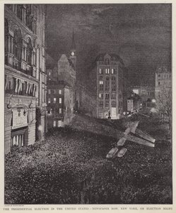 1892年11月8日、アメリカ大統領選挙の夜のニューヨークの新聞売り場（リトグラフ 作： V. Perard