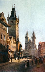 1900年頃、「スタラ・プラハ」から市庁舎と聖母マリア教会を含むスタロメストスキー・リンクの眺め（カラーリトグラフ版