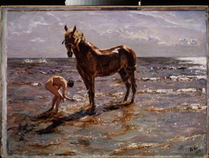 馬のお風呂。 (若い裸の男が馬に水しぶきを上げ、他の 2 人の人物が海に飛び出します)。 Valentin Alexandrovich Serov（1865-1911）による絵画、キャンバスに油彩