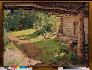 馬のある風景（農民の住居）。 Valentin Alexandrovich Serov（1865-1911）による絵画、キャンバスに油彩 作： Valentin Aleksandrovich Serov