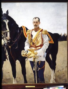 ロシアのパウル・アレクサンドロヴィッチ大公（1860年～1919年）の肖像画。 (ロシアのパウル・アレクサンドロヴィチ大公の肖像)。 彼の馬の近くで、帝国ロシア軍の騎兵隊の将校の制服を着ています。 Valentin Alexandrovich Serovによる絵画（