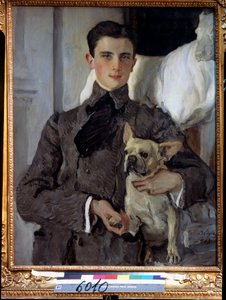 フェリックス・ユスポフ王子、スマロコフ・エルストン伯爵 (1887-1967) と犬の肖像。 （フェリックス・ユスポフ王子、スマロコフ・エルストン伯爵と犬の肖像）。 Valentin Alexandrovich Serov（1865-1911）による絵画、キャンバスに油彩 作： Valentin Aleksandrovich Serov