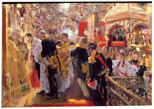 「被昇天大聖堂での皇帝ニコラス 2 世の戴冠式」、1896 年 作： Valentin Serov