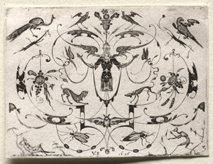 孔雀、インコ、犬、昆虫のアラベスク、1626年。 作： Valentin Sezenius