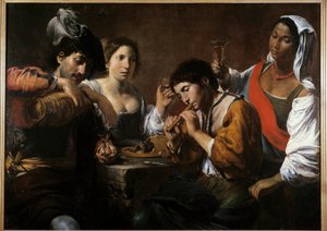 キャバレーでの出会い ヴァレンティン・ド・ブローニュ(1591-1632)の絵画 17世紀 日0.96×1.33m 作： Valentin de Boulogne