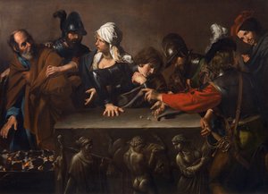 ヴァランタン・ド・ブローニュ（1591-1632）作「聖ペテロの否認」。油彩・キャンバス、1616-1617年頃。寸法：171.5x241 cm。ロベルト・ロンギ美術史研究財団、フィレンツェ
