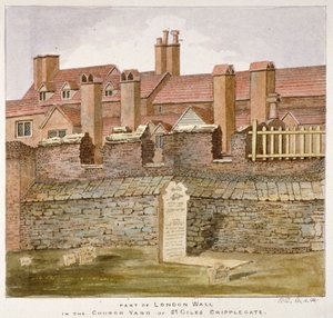 クリップルゲートのないセント ジャイルズの墓地にあるロンドン ウォールの遺跡、ロンドン市、1825 年 作： Valentine Davis