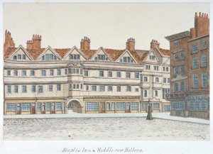1850 年、ロンドン、ホルボーンの中心部にあるステープル インとミドル ロウの建物の眺め。 作： Valentine Davis
