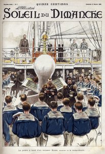ロシアの巡洋艦での船員の祈りの様子。グリバイエドフ氏の水彩画より。"Le sun-du-dimanche "に掲載された版画 作： Valerian Gribayedoff