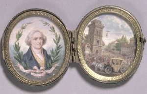 ルイスセバスチャンレノルマンの肖像ミニチュア、パラシュート降下のシーン、1783年（ベラムのガッシュ） 作： Van Blarenberghe