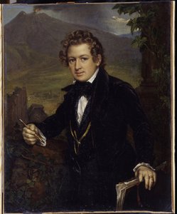 画家 Karl Pavlovich Briullov (Bryullov) (1799-1852) の肖像画。 画家 K.P. Briullov の肖像)。 火山の前に描かれた画家は、シャーペンと製図板を持っています。 Vasili Andreyevich Tropinin（Vassili Tropinin）による絵画（1 作： Vasili Andreevich Tropinin