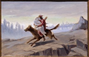 灰色オオカミに乗ったイヴァン・ツァレヴィッチ (ロシアの伝統的な物語) - 灰色オオカミに乗ったイワン・ツァレヴィッチ - ヴァシリー (ヴァシリ) グリゴリエヴィッチ・ペロフ (1834-1882) 作、紙に油彩、1870 年後半 - 1880 年初頭 - ロシア美術 作： Vasili Grigorevich Perov