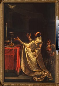 Basil the Great (330-379) (または Basil of Cesarea) は聖霊 (Holy Spirit) の鳩の前にひれ伏す - Basil the Great - Vasili Kuzmich Shebuev (1777-1855) による絵画、キャンバスに油彩 作： Vasili Kuzmich Shebuev