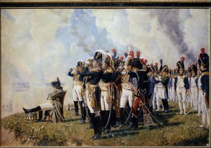 ボロジノの高台に立つナポレオン・ボナパルト (1769-1821)。 （ボロジノ高地のナポレオン）。 モスクワの戦い (1812 年 9 月 7 日、ロシア遠征中のボロジノの戦い)、ナポレオン、座った腕を組んで物思いにふける、将校の前で説明されています。