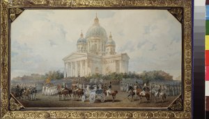 サンクトペテルブルクの聖イサアク大聖堂前のパレード。 Vasily Semyonovich Sadovnikov (1800-1879) の作品、紙に水彩