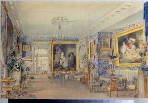 マナーハウスVerkiのリビングルーム。 Vasily Semyonovich Sadovnikov (1800-1879) の作品、紙に水彩 作： Vasili Semenovich Sadovnikov