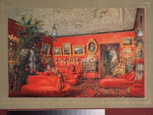 サンクトペテルブルクのユスポフ宮殿の赤い居間。 Vasily Semyonovich Sadovnikov (1800-1879) の作品、紙に水彩。 ロシア美術 作： Vasili Semenovich Sadovnikov