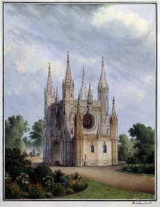 ペテルゴフ (ロシア) のゴシック様式の教会。 Vasily Semyonovich Sadovnikov (1800-1879) の作品、紙に水彩、1830-1840 年。 ロシア美術 作： Vasili Semenovich Sadovnikov