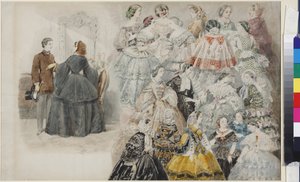 サドヴニコフ（Vasily Semyonovich, 1800-1879）の「モード・フェミニン - レディース・ファッション」。紙に水彩画、1840年代末。サンクトペテルブルク国立歴史博物館 作： Vasili Semenovich Sadovnikov
