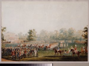 サンクトペテルブルクのエラギン宮殿の牧草地での軍事パレード。 （近衛兵のパレード）。 Vasily Semyonovich Sadovnikov (1800-1879) の作品、紙に水彩 作： Vasili Semenovich Sadovnikov
