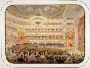 サンクトペテルブルク帝国ボリショイ・カメヌイ劇場の講堂 par Sadovnikov, Vasily Semyonovich (1800-1879).水彩画、ガッシュ、紙 サイズ：35x26 作： Vasili Semenovich Sadovnikov